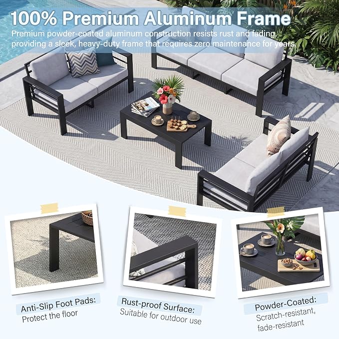 7-Seat Aluminum Patio Furniture Set, 4-Piece Oversized Metal Outdoor Conversation Set with 4" Thick Washable Cushions, Sectional Sofa with Coffee Table for Backyard, Garden, Poolside