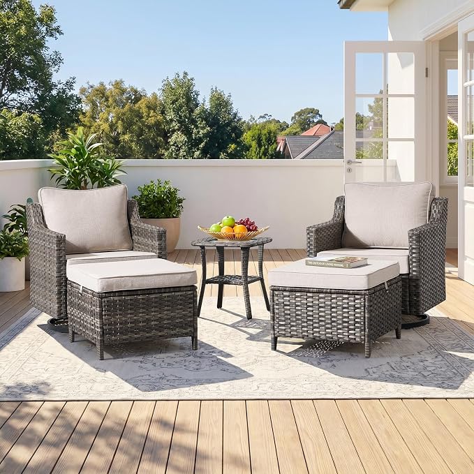 Outdoor Furniture Set of 5, Patio Furniture Set with Wicker Swivel Rocker Chairs, Ottomans and Side Table, High Back&Deep Seat for Garden Deck Porch Balcony Backyard - Beige