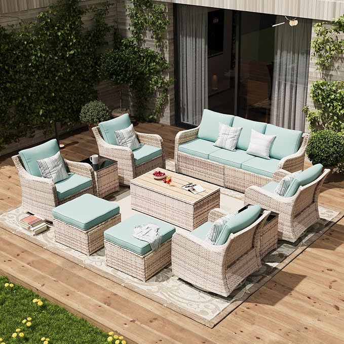 MEISSALIVVE Patio Furniture Set with Swivel Rocking Chairs, 10 Pieces Patio Conversation Set, Outdoor Wicker Sofa Couch with Waterproof Cushions for Lawn Backyard Porch (Blue)