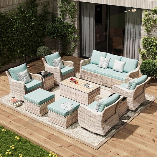 MEISSALIVVE Patio Furniture Set with Swivel Rocking Chairs, 10 Pieces Patio Conversation Set, Outdoor Wicker Sofa Couch with Waterproof Cushions for Lawn Backyard Porch (Blue)