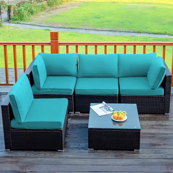 Tangkula 5 Pieces Patio Furniture Set, All Weather Wicker L-Shaped Corner Sofa Set w/Soft Cushions, Outdoor Sectional Conversation Couch Set w/Glass Table for Backyard Garden Poolside (Turquoise)
