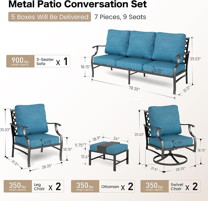 SUNSHINE VALLEY 7 Piece Metal Outdoor Patio Furniture Set, Patio Conversation Sets 3-seater Sofa, 2 Fixed Chairs, 2 Swivel Chairs, 2 Ottomans with 5.75" Thick Cushion, Black Backyard Furniture, Blue-2