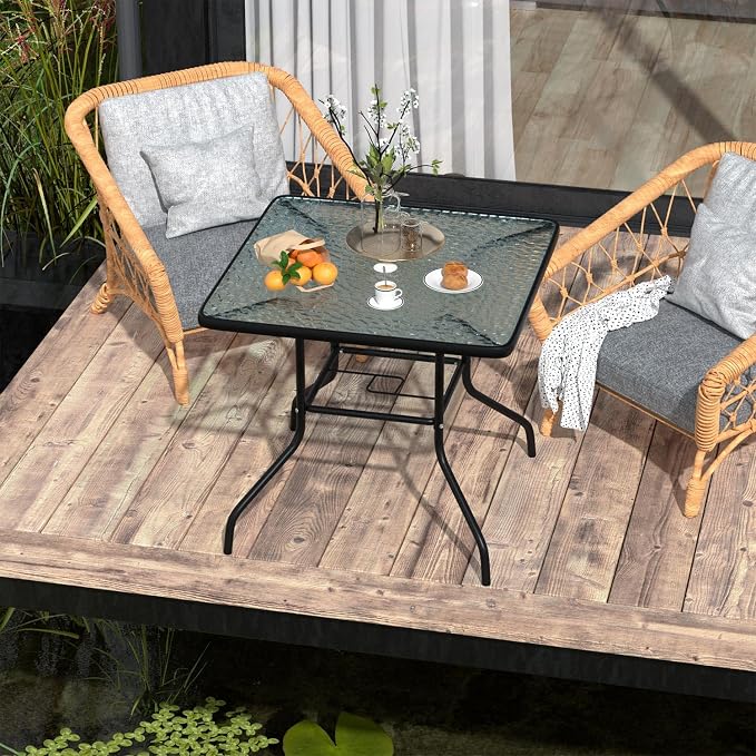 MKDLUFEI 32 Inch Umbrella Table with Hole, Outdoor Square Patio Table with Tempered Glass Top, for Balcony, Backyard, Poolside, Black