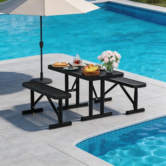 4FT Outdoor Metal Picnic Table with 2 Benches,Heavy Duty Rectangular Picnic Table Set for Outside, Waterproof Commercial Restaurant Table Furniture for Park, Campfield, Patio, Garden, Yard