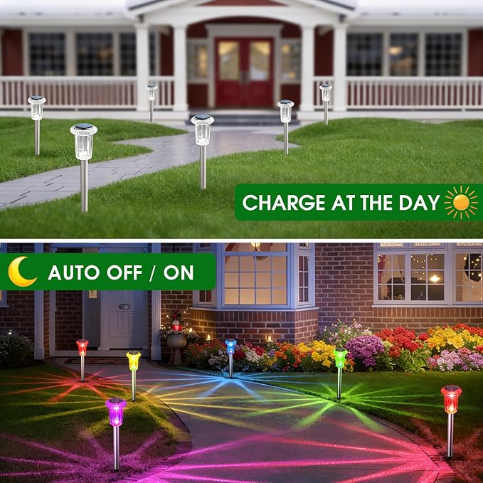 Eyrosa Solar Outdoor Lights, 10 Pack Solar Pathway Lights Outdoor Waterproof, Stainless Steel Stake Lighting for Garden Yard Path Walkway Driveway Patio Lawn Outside Decor,Color Changing