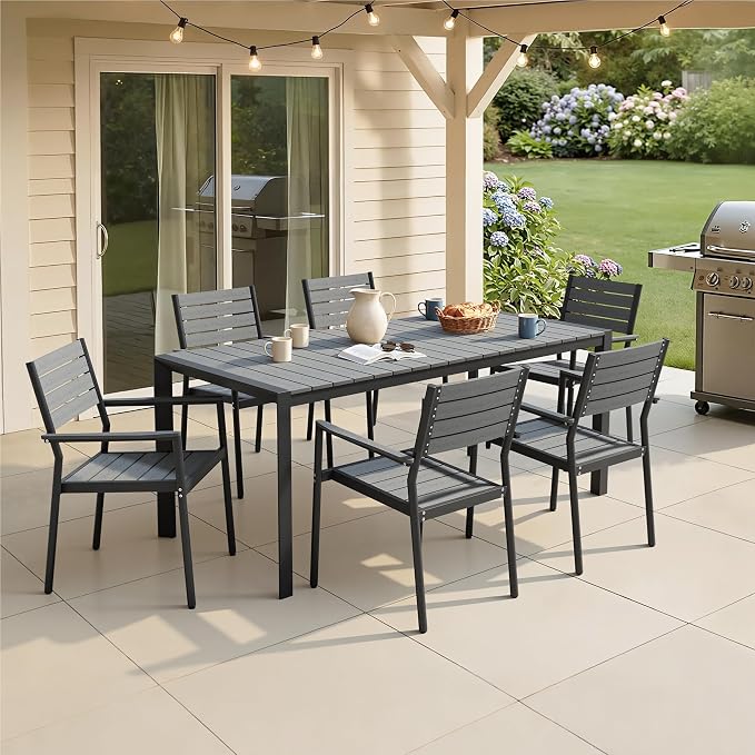 Crestlive Products Outdoor Dining Table for 6, 71in Aluminum Patio Table with Umbrella Hole Weather-Resistant Rectangle Outside Table for Garden Backyard Indoor, Grey