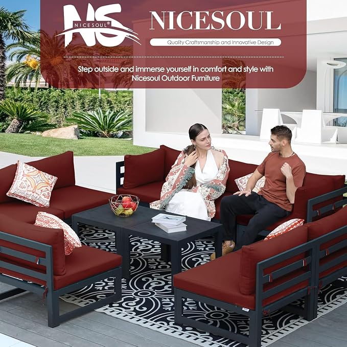 NICESOUL 12 Piece XL Aluminum Patio Sectional Furniture Set with Side Table, 500 lbs Heavy Duty Anti-Rust Outdoor Couch, 29" Extra Deep Wide Seating, High End Conversation Sofa for Poolside Yard, Red