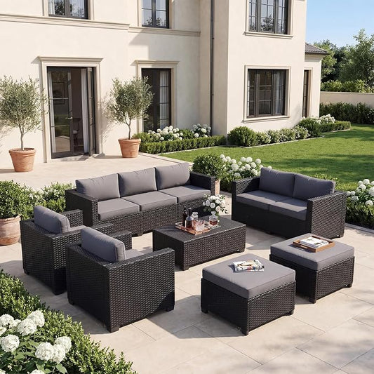 LazySunsets 7-Piece Outdoor Patio Furniture Set, Rattan Outdoor Sectional with Thick Waterproof Cushions, Wicker Ottomans & Waterproof Cover, Patio Conversation Set for Garden, Backyard,Grey