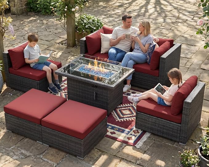 NICESOUL 7 Piece Oversized Patio Furniture Sofa Set with Fire Pit Table Propane Natural Gas Convertible, 29.3'' High Back Sturdy Outdoor Conversation for Heavy People, 2 Color Cushion Wine & Gray