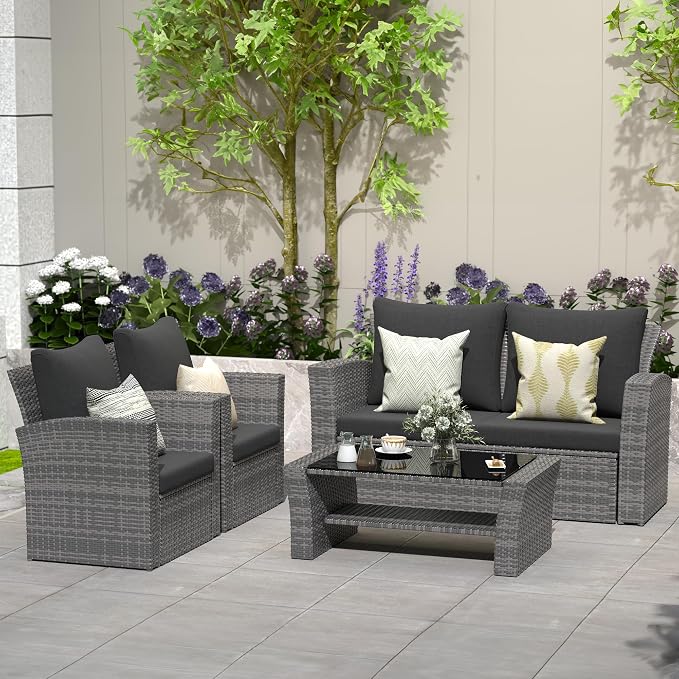 Solaste 4 Piece Outdoor Patio Furniture Set, Outdoor Sectional Sofa with Tempered Glass Coffee Table and Cushions, Wicker Rattan Patio Set for Backyard, Front Porch, Balcony, Black