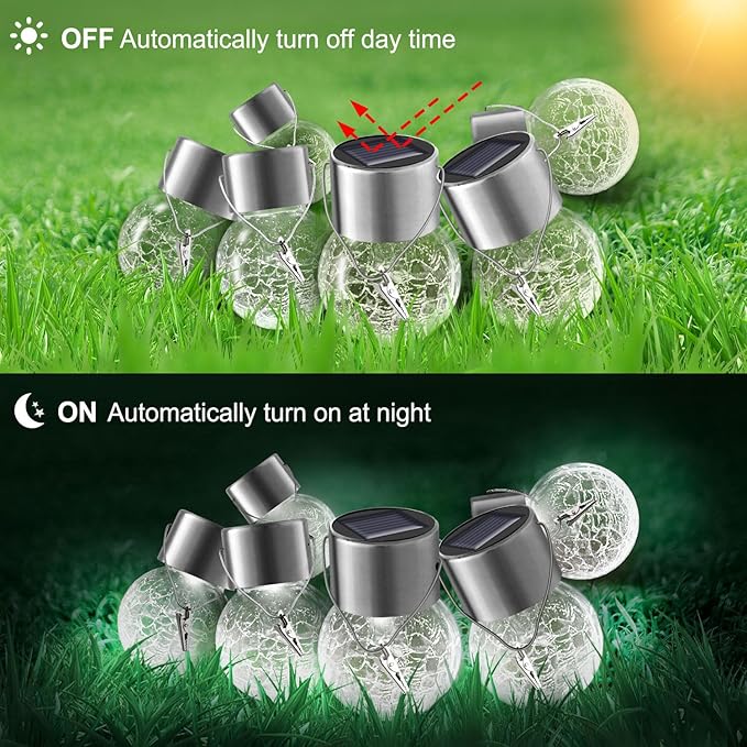 Solar Lights Outdoor Hanging Decorative Globe 8 Pack, Waterproof Solar Lantern with Handle and Clip, Solar Powered Glass Ball Lights for Garden Yard Fence Tree Umbrella Holiday Décor, Cold White