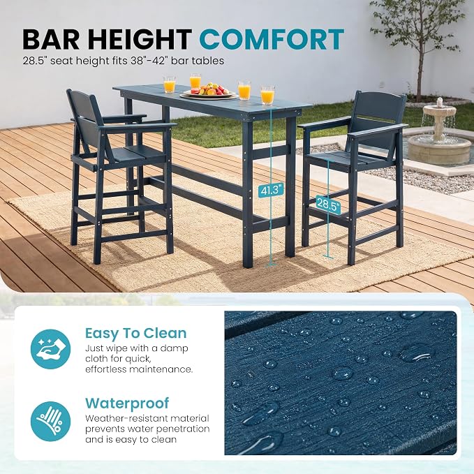 Outdoor Bar Table Set 3 Piece, HDPE Patio Bar Height Furniture Set with 2 Chairs, Small Space Patio Furniture, Weather Resistant Balcony Bistro Set for Garden, Deck, Porch, Deep Blue