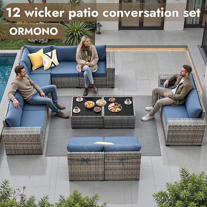 12 Pieces Patio Furniture Set, Wicker Outdoor Sectional Sofa with Coffee Table Comfy Cushions, Modern Modular Deep Seat Rattan Couch Conversation Set for Backyard Porch Yard,Denim Blue