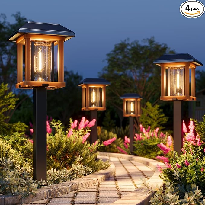 XMCOSY+ 4-Pack Solar Pathway Lights Outdoor, 25 Lumens Solar Garden Lights | IP65 Waterproof Seeded Glass & Metal Stakes, 2-Tone Vintage Edison LED Landscape Lighting for Yard, Patio, Walkway & Driveway