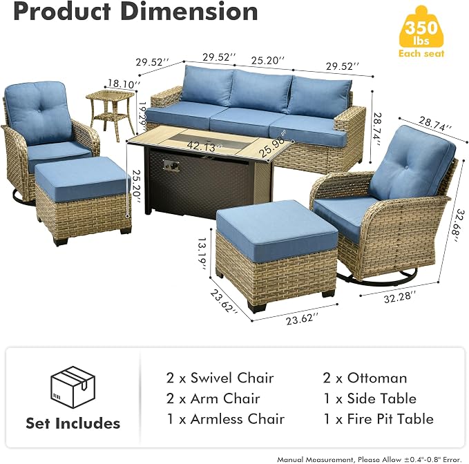 HOOOWOOO Sectional Patio Furniture Set With Fire Pit Table,9 Pieces Wicker Outdoor Furniture Couch,Outside Conversation Set Extra Deep Seat Sofa Wide Rocking Chairs Ottomans Arm Solar Table,Denim Blue