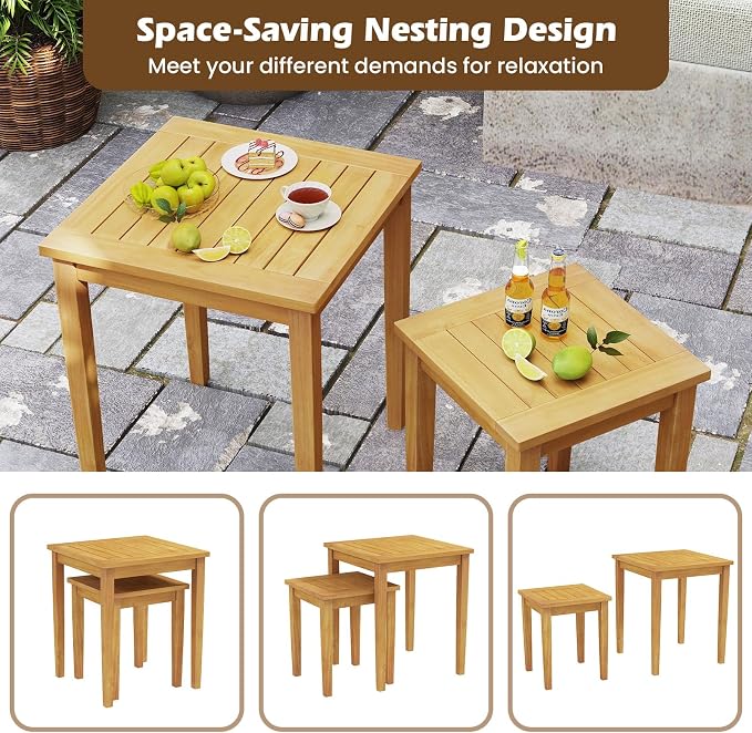 Tangkula 2 Pieces Patio Nesting Table, Teak Wood Outdoor Space Saving Design Square End Table for Poolside, Lawn, Garden, Balcony (Natural)