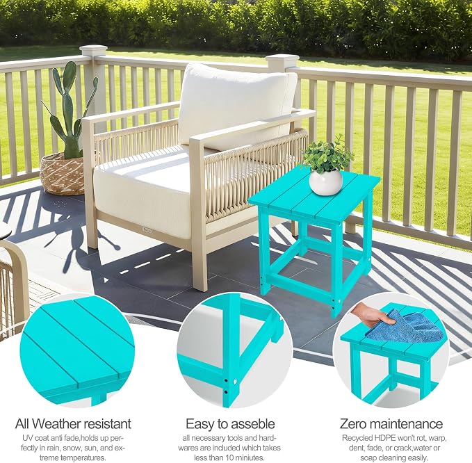 LZRS Patio End Table, Heavy Duty HDPE Outdoor Coffee Table with Wood Texture, Weatherproof Composite Table for Adirondack Chairs, Deck, Pool, Indoor/Outdoor, No Peeling or Cracking(Turquoise)