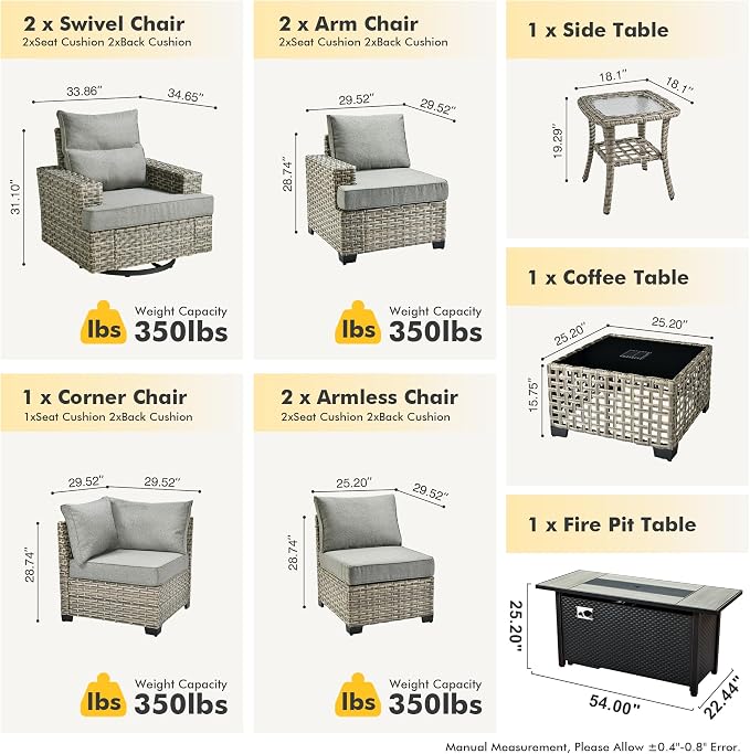 HOOOWOOO Sectional Patio Furniture Set with Fire Pit Table,10 Pieces Wicker Outdoor Furniture L Shaped Couch,Outside Conversation Set Extra Deep Seat Sofa Wide Arm Swivel Chairs Solar Table,Dark Gray