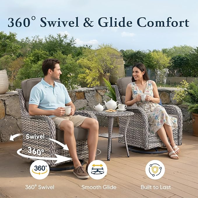 Belord Luxury 6" Thick Cushioned 11 Pieces Patio Furniture Set with Fire Pit Table, Wicker Outdoor Conversation Set with High Back Swivel Rocker Chairs for Deck Porch Yard and Poolside - Grey+Grey