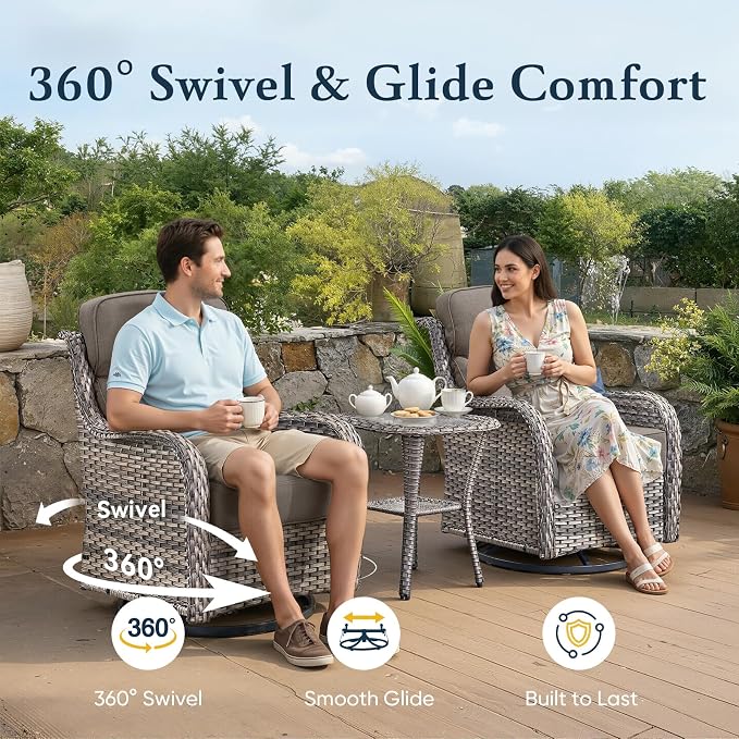 Belord Luxury 6" Thick Cushioned Outdoor Swivel Rocker Patio Chairs Set of 4 with Side Table, High Back Wicker Furniture Set with Ergonomic Zone Back, Conversation Set for Deck Porch - Grey+Grey