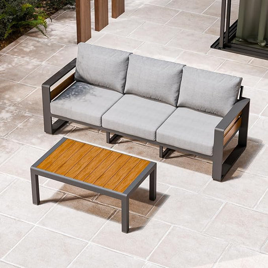 ZANDOR Aluminum Outdoor Patio Furniture Set with Coffee Table, 3 Seats Patio Conversation Sets with Washable Thick Cushions, Outdoor Sectional for Porch, Backyard, Deck, Garden & Poolside, Grey