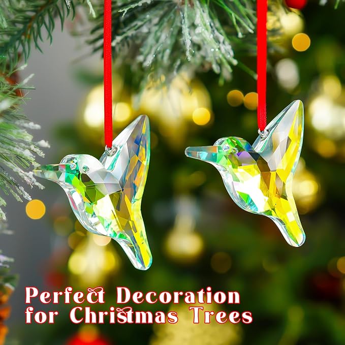 2 Pcs 3 Inch AB Coating Crystal Hummingbird Suncatcher Hanging Window Decor | AB Colored Crystal Glass Hummingbird Prisms Sun Catchers Hanging Pendants Set of 2 for Window Garden Christmas Tree Decor
