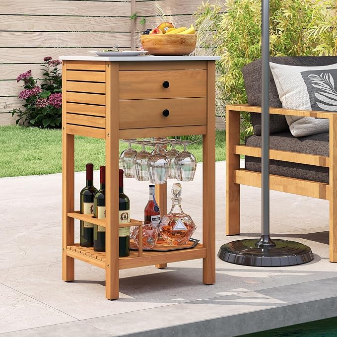Goplus Outdoor Side Table, Acacia Wood Bar Table w/Marble-Like Countertop, 2 Storage Drawers, Bottom Shelf, Glass & Wine Holders, Small Buffet Sideboard for Patio, Backyard, Garden, Deck Corner