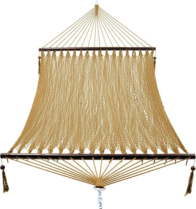 PNAEUT 2 Person Caribbean Rope Hammocks for Outside, 12ft Handwoven Polyester Double Hammock with Spreader Bar for Outdoor Indoor, Max 600 lbs Capacity (Tan)