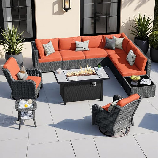 HOOOWOOO Outdoor Patio Furniture with Fire Pit Set 11 Pieces Patio Set with Fire Pit Wicker Outdoor Furniture with Fire Pit Table Set Patio Sectional Set with Swivel Chairs,Orange Red
