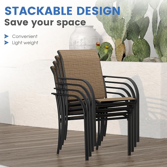 VICLLAX Patio Table and Chair Set of 6, All Weather Metal Round Outdoor Dining Furniture Set-50 Round Outdoor Table and Chairs, Walnut Wood Grain Tabletop