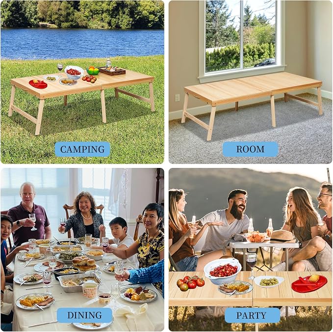 Foldable Boho Wooden Picnic Table, No Assembly Required 60" x 30" Portable Outdoor Indoor Low Picnic Table for Floor Camping, Seating, Beach, Backyard, BBQ, Seats 6–8 People