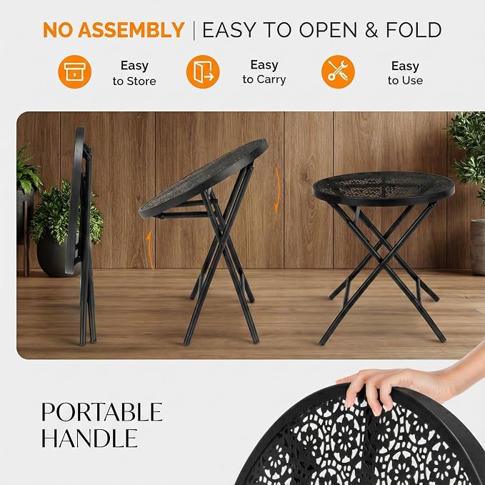 18 Inch Outdoor Round Folding Table, Black Metal Patio Side Table with Hollow Floral Design, Small Weather Resistant Steel Garden Bistro Table for Balcony, Porch, Yard