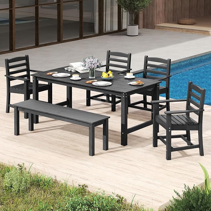 Tangkula Patio Dining Chairs Set of 2, HDPE All Weather Outdoor Chair w/Wide Armrests, Curved Seat, Wood Grain, Plastic Porch Chair for Backyard, Garden, Front Porch, Poolside (Black, 2 Chairs)