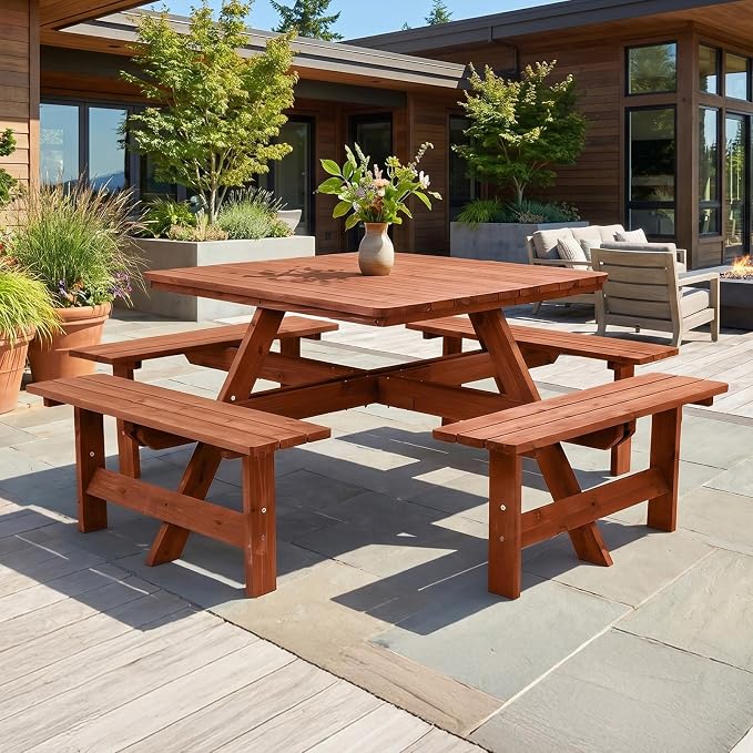 VINGLI 8-Person Wood Picnic Table Outdoor Sqaure Picnic Table with Umbrella Hole and 4 Built-in Benches, Outdoor Dining Tables and Chairs 500 LBS Bench Capacity (Brown, Sqaure)