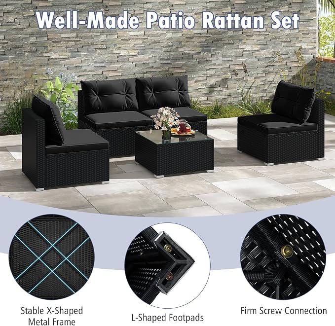 RELAX4LIFE 5-Piece Outdoor Patio Furniture Set, Rattan Sectional Sofa Set w/Glass-Top Coffee Table, Soft Seat & Back Cushions, Bistro Set for Garden Backyard Porch, Wicker Conversation Set (Dark)