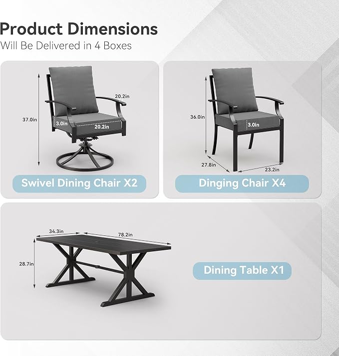 ALAULM 7-Piece Patio Dining Set,Outdoor Metal Dining Set with 2 Swivel Chairs & Rectangle Table with 1.5 Umbrella Hole, Patio Dining Table and Chairs for Backyard,Grey