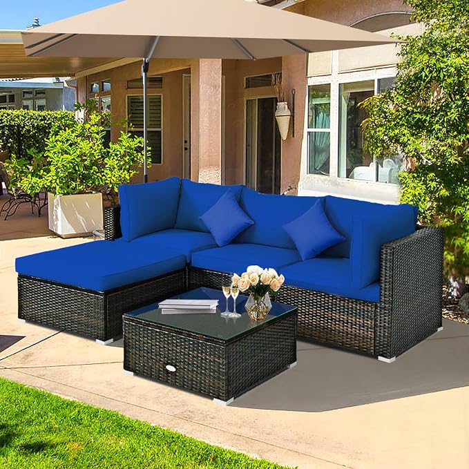 HAPPYGRILL 5 Pieces Patio Conversation Set, Outdoor Rattan Wicker Furniture Set, Sectional Sofa Ottoman Set with Coffee Table, Cushion, Pillow for Garden Lawn Balcony Backyard