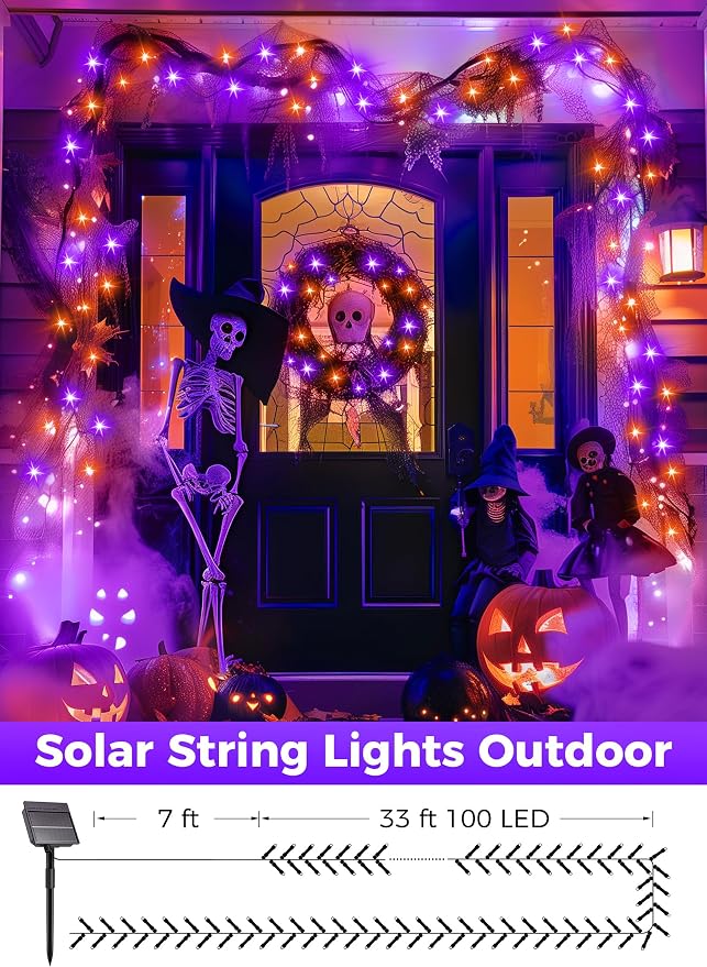 Minetom Solar Halloween Lights Outdoor, 40FT 100 LED Halloween String Light | Black Wire Halloween Decoration Outdoor with 8 Modes, Waterproof Solar String Lights for Outside Tree Yard, Orange & Purple