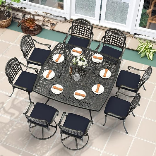 MEETWARM 9-Piece Outdoor Patio Dining Set for 8, All Weather Cast Aluminum Patio Funiture Table and Chairs Set- Large 64" Square Table and 2 Swivel Rocker Chairs, 6 Stationary for Garden, Navy Blue
