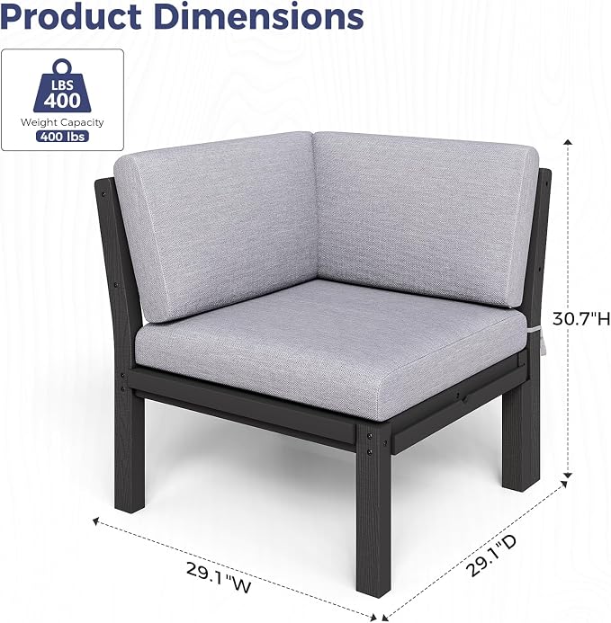 Modular Outdoor Patio Furniture Corner Seat, HIPS All-Weather Outdoor Sectional Sofa with High-Density Thick Cushions, Easy Side Interlock, Patio Seat for Backyard, Balcony, Deck (Black)