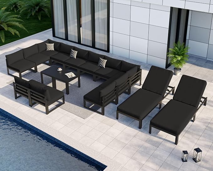 NICESOUL 16 Piece Large Modern Aluminum Patio Furniture Set, Water & Fade Resistant Modular Outdoor Conversation Set with Chaise, 500 lbs Heavy Duty Comfortable Sectional Sofa for Poolside, Black