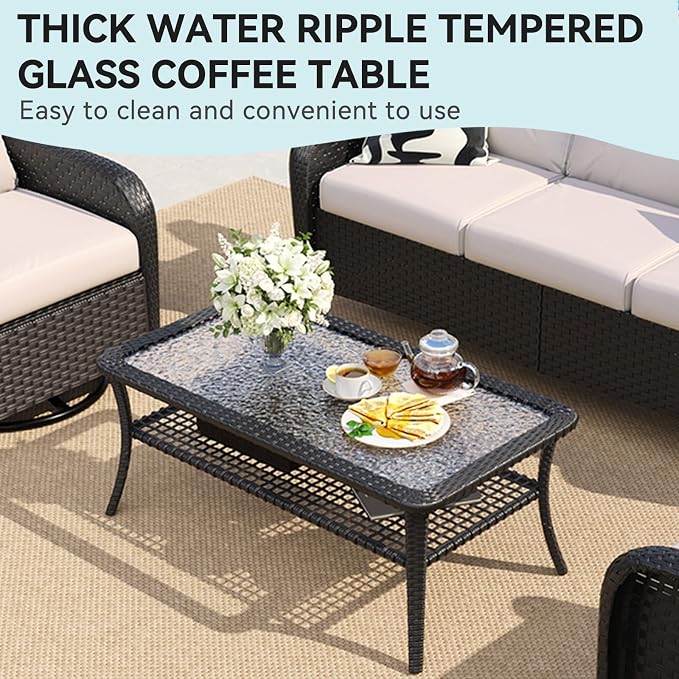 LazySunsets 7 Piece Outdoor Patio Furniture Set with Coffee Table, Wicker Rattan Outdoor Furniture with High Back Swivel Rocker Chairs, Outdoor Conversation Sets with Thick Cushions, Beige