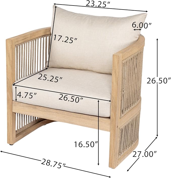 Christopher Knight Home 4-Piece Acacia Wood Patio Furniture Set, Mid-Century Modern Outdoor Conversation Set with Loveseat, Curved Club Chairs, Cushions & MgO Fire Pit for Backyard, Light Teak+White