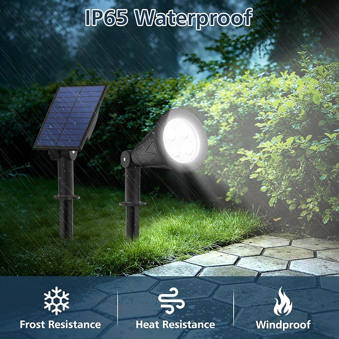 T-SUNUS Christmas Solar Powered LED Spot Light White 6000K, Separated Panel with 9.8ft Cable IP65 Waterproof Spotlights Outdoor Landscape Garden Lights for Flag Patio Yard Driveway Halloween 2 Pack