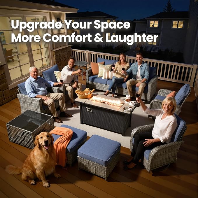 10 Piece Wicker Patio Furniture Set with Firepit, Denim Blue | High Back Swivel Rocker Chairs, 54-inch Fire Pit, Outdoor Sofa Ottoman Solar Lights Table, Conversation Sets, Deck Backyard