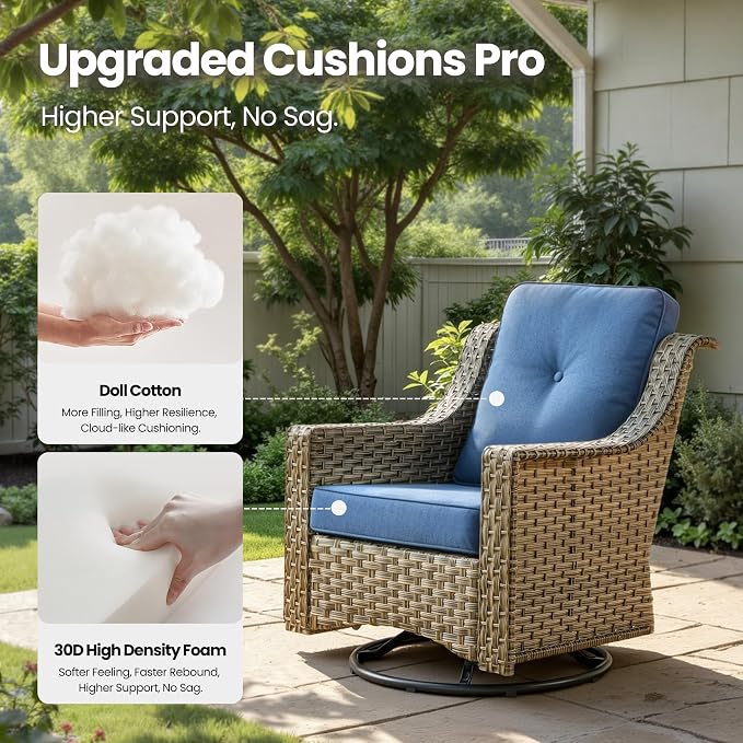 6 Piece Patio Furniture Set with Fire Pit Table, Conversation Sets with High Back Swivel Rocker Chairs, Outdoor Wicker Sofa Loveseat with Comfy Cushion for Backyard Deck Garden, Sapphire Blue