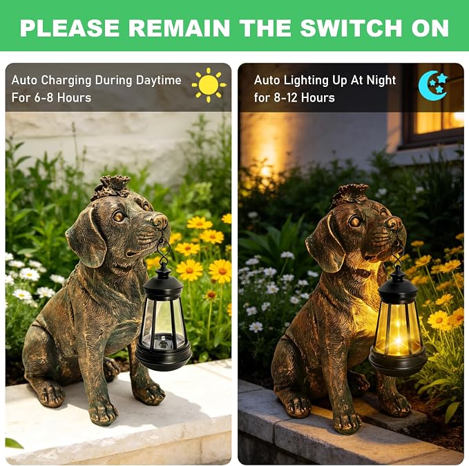Solar Garden Statue Dog Figurine Decor with Lantern Lights, 11 Inch Outdoor Decoration Solar Dog Sculptures for Outside Patio Lawn Balcony Yard Ornament, Dogs Lover Gifts for Women Mom Birthday