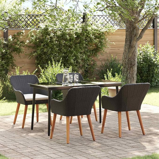 Garden Dining Set with Cushion 5 pcs Black Poly Rattan Outdoor Patio Furniture Table and 4 Chairs with Tempered Glass Top Weather Resistant for Backyard Deck Lawn Entertaining 970 lb Capacity