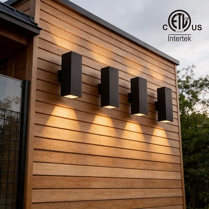 mirrea 18" Modern Outdoor Porch Light in 2 Lights, Matte Black, 4 Pack | Patio wall sconce, aluminum rectangular tube, tempered glass, waterproof. Up & down lighting for outdoor wall mount fixture.