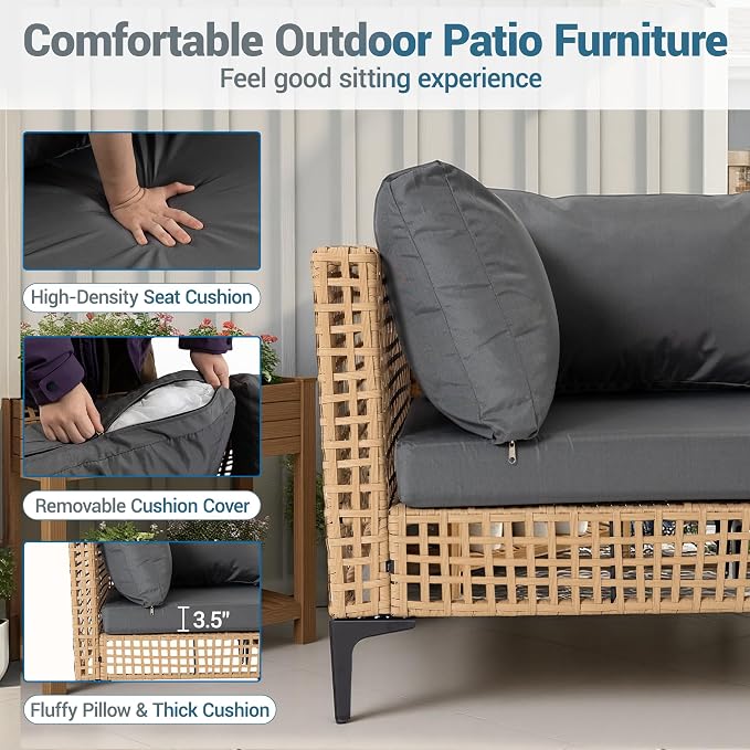 7 PCs Outdoor Patio Furniture All Weather Wicker Rattan Sectional Conversation Sofa Set w/Water Resistant Cushions, Coffee Table for Paito, Lawn, Garden, Grey